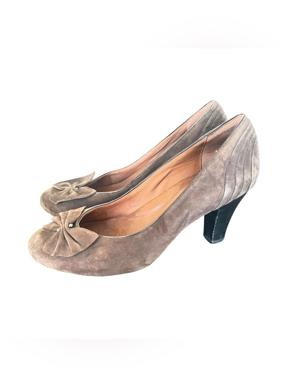 Clarks Taupe Suede Mid Heel Pumps with Bow